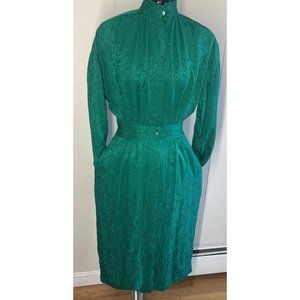 Neiman Marcus~100% Silk Button Front Midi Dress Vintage Green~ Women Size 6